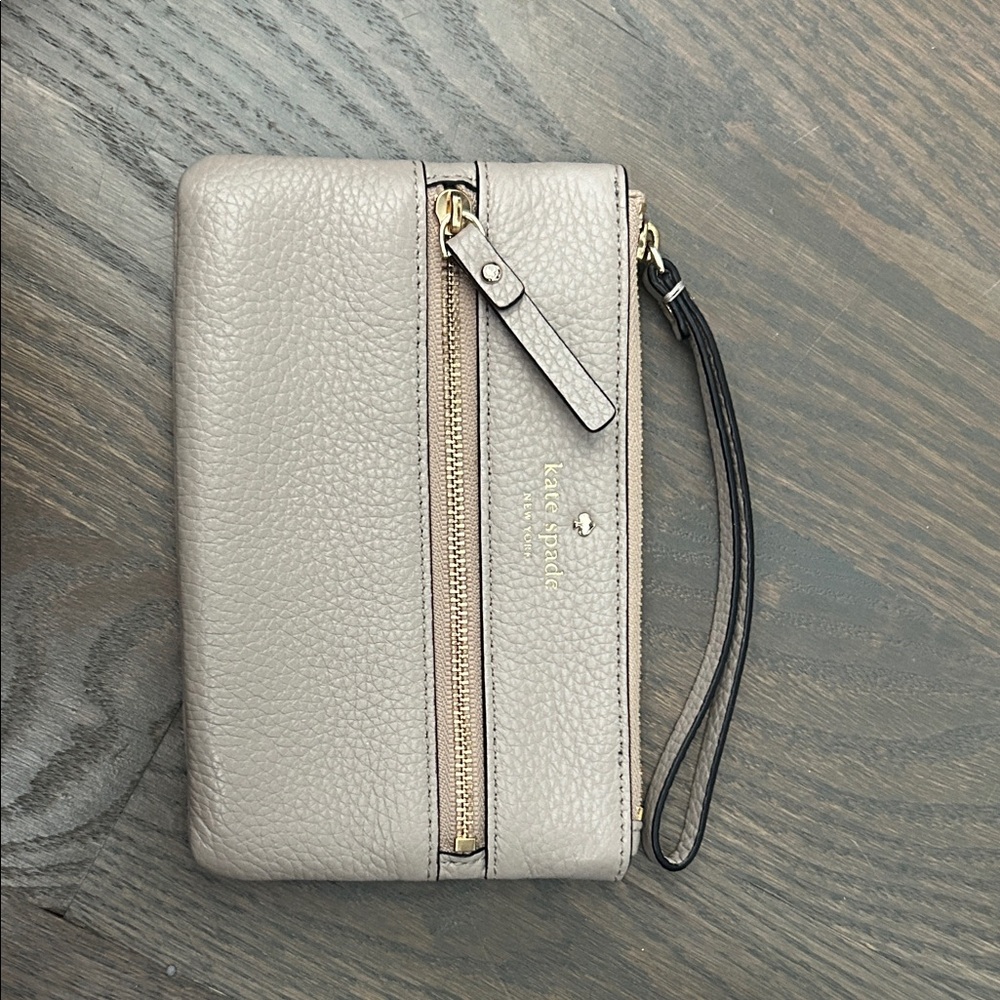 Kate Spade Taupe Leather Wristlet with Gold Accents